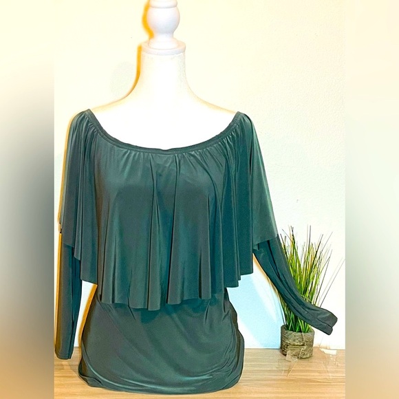 Boohoo Off Shoulder Jersey Satin Top, Olive Green, Size 12 - Picture 3 of 3